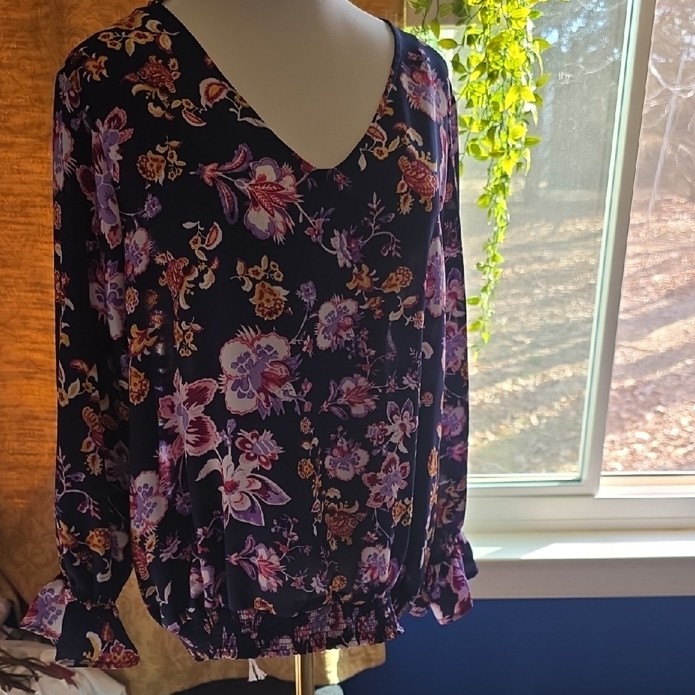 cooper & ella Black V-Neck Floral Blouse with Purple & Pink Flowers